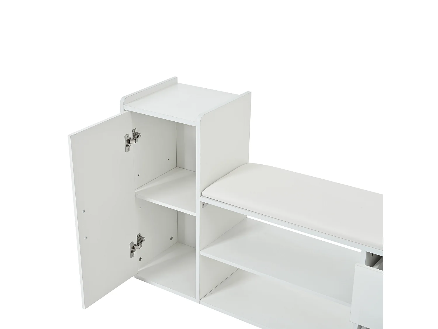 Meuble à chaussures avec 2 tiroirs, porte et banquette rembourrée - Poignées en métal - Blanc