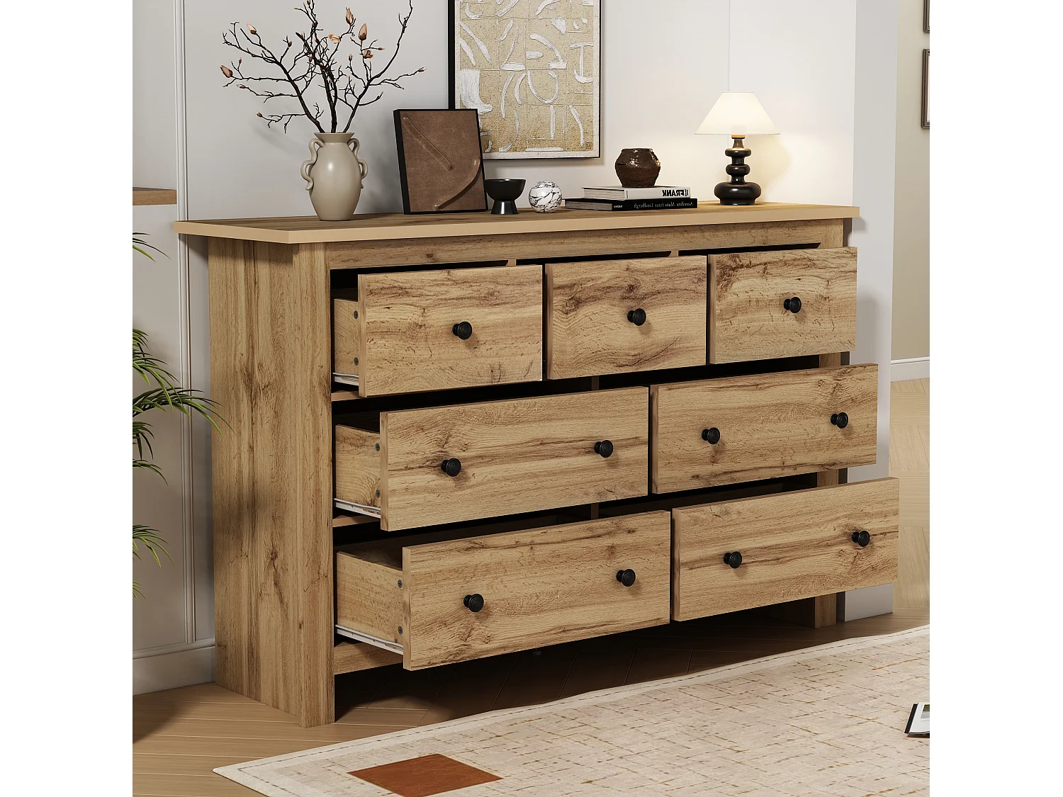 Cassettiera con 7 cassetti - maniglie nere - colore legno