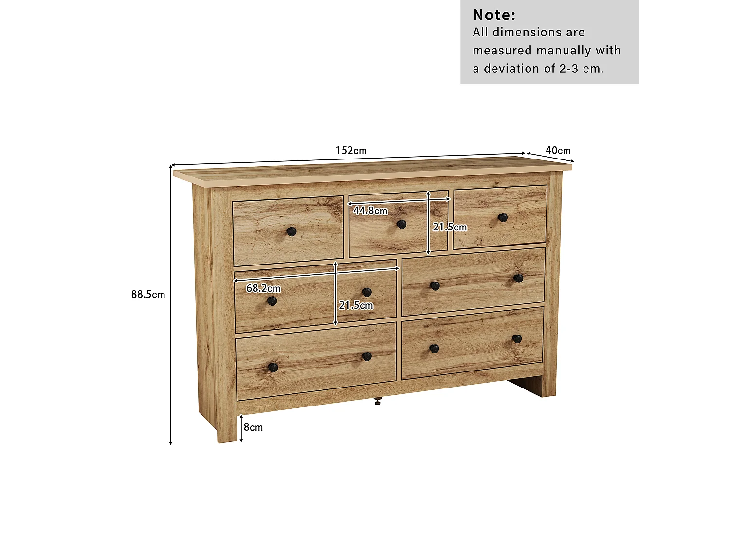 Commode avec 7 tiroirs - poignées noires - Couleur bois