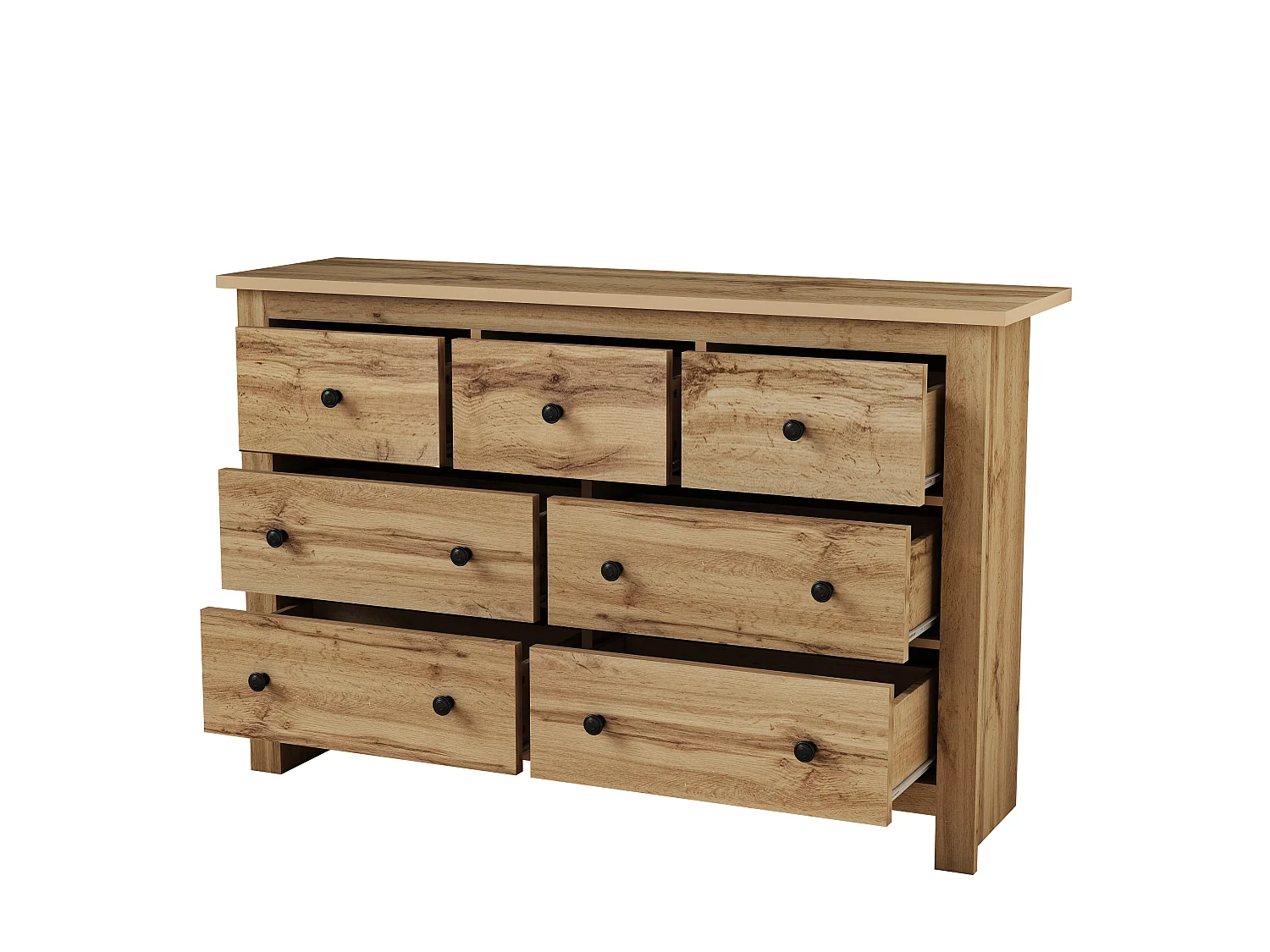 Commode avec 7 tiroirs - poignées noires - Couleur bois