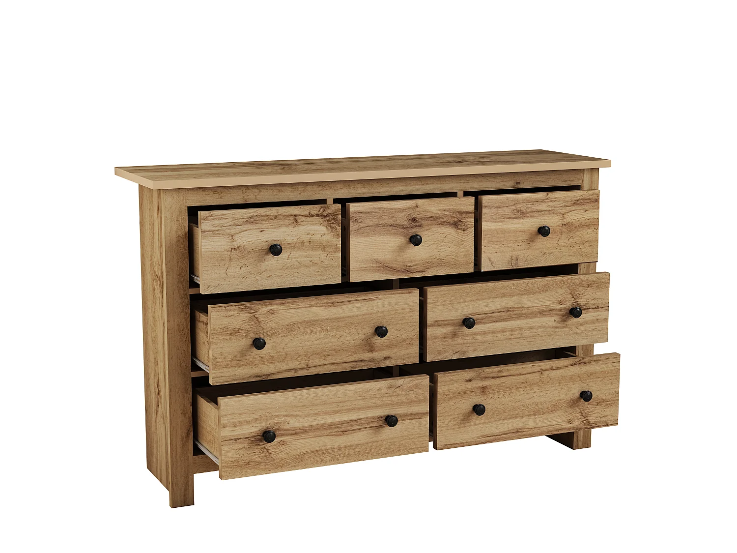 Commode avec 7 tiroirs - poignées noires - Couleur bois