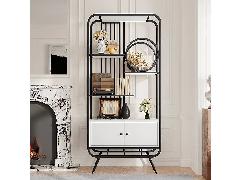 Estante em metal e MDF - 3 prateleiras e 2 portas - Preto e branco