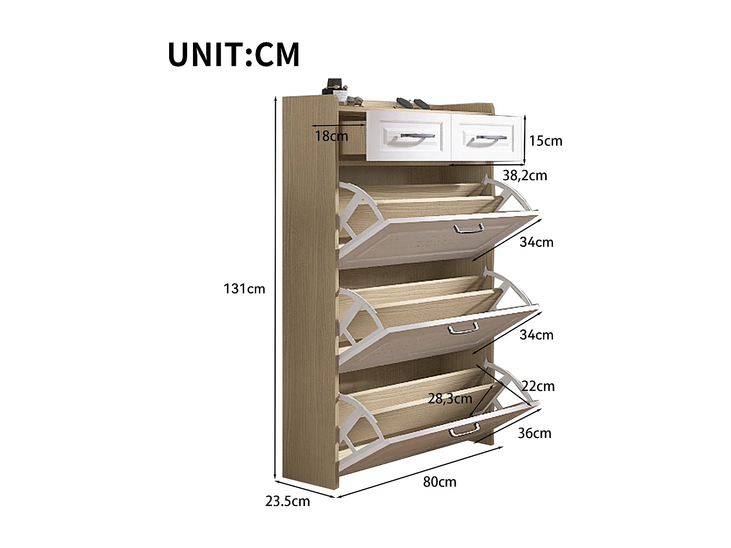 Meuble à chaussures avec 2 tiroirs et 3 portes - Poignées noir- Blanc+ naturel