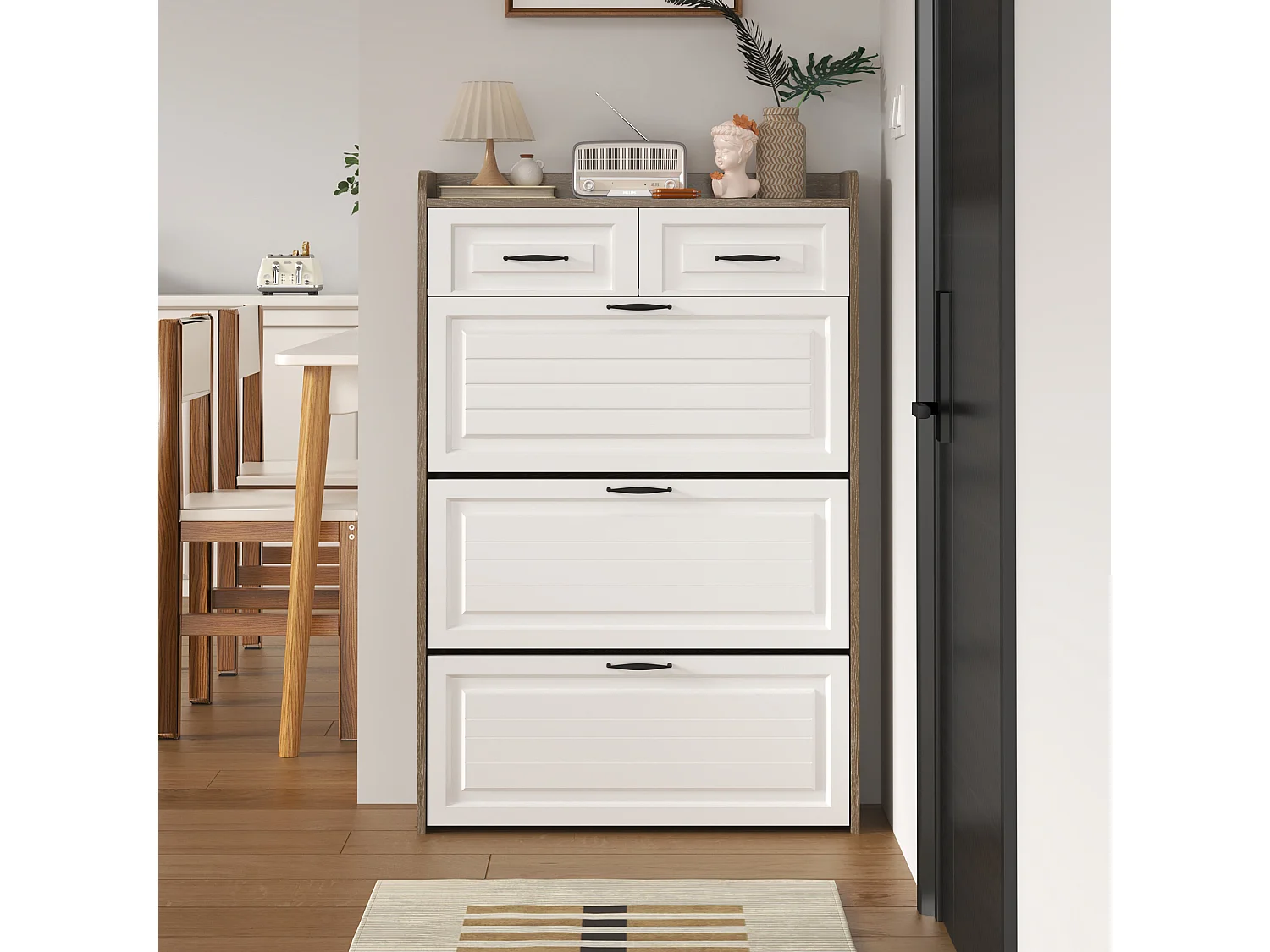 Schoenenkast met 2 lades en 3 deuren - Zwarte handgrepen - Wit + naturel