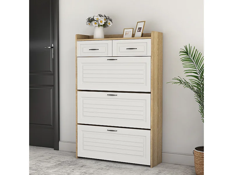 Sapateira com 2 gavetas e 3 portas - Puxadores pretos - Branco + natural