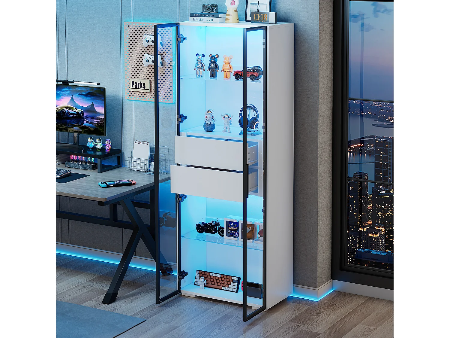 Vitrine avec LED, 2 portes vitrées et 2 tiroirs - Blanc 60 x 40 x 160 cm