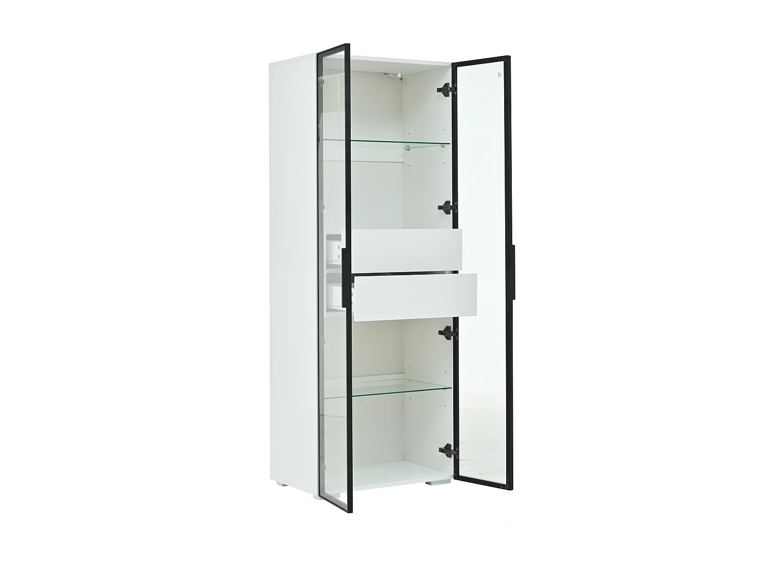 Vitrine avec LED, 2 portes vitrées et 2 tiroirs - Blanc 60 x 40 x 160 cm