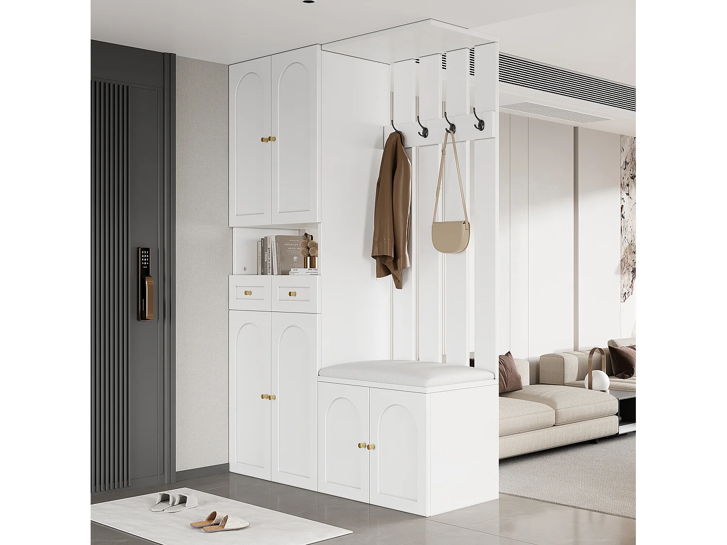 Armario con banco, 4 ganchos, 6 puertas y 2 cajones - Madera PB - Blanco