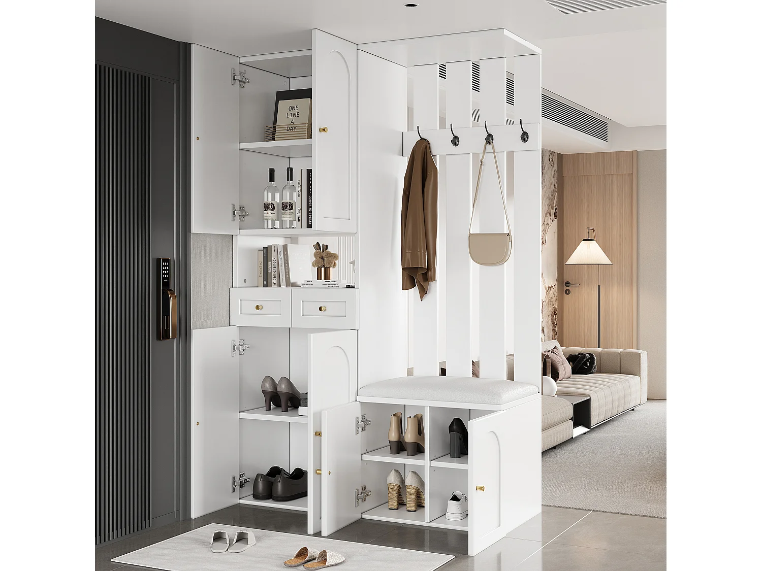 Armario con banco, 4 ganchos, 6 puertas y 2 cajones - Madera PB - Blanco