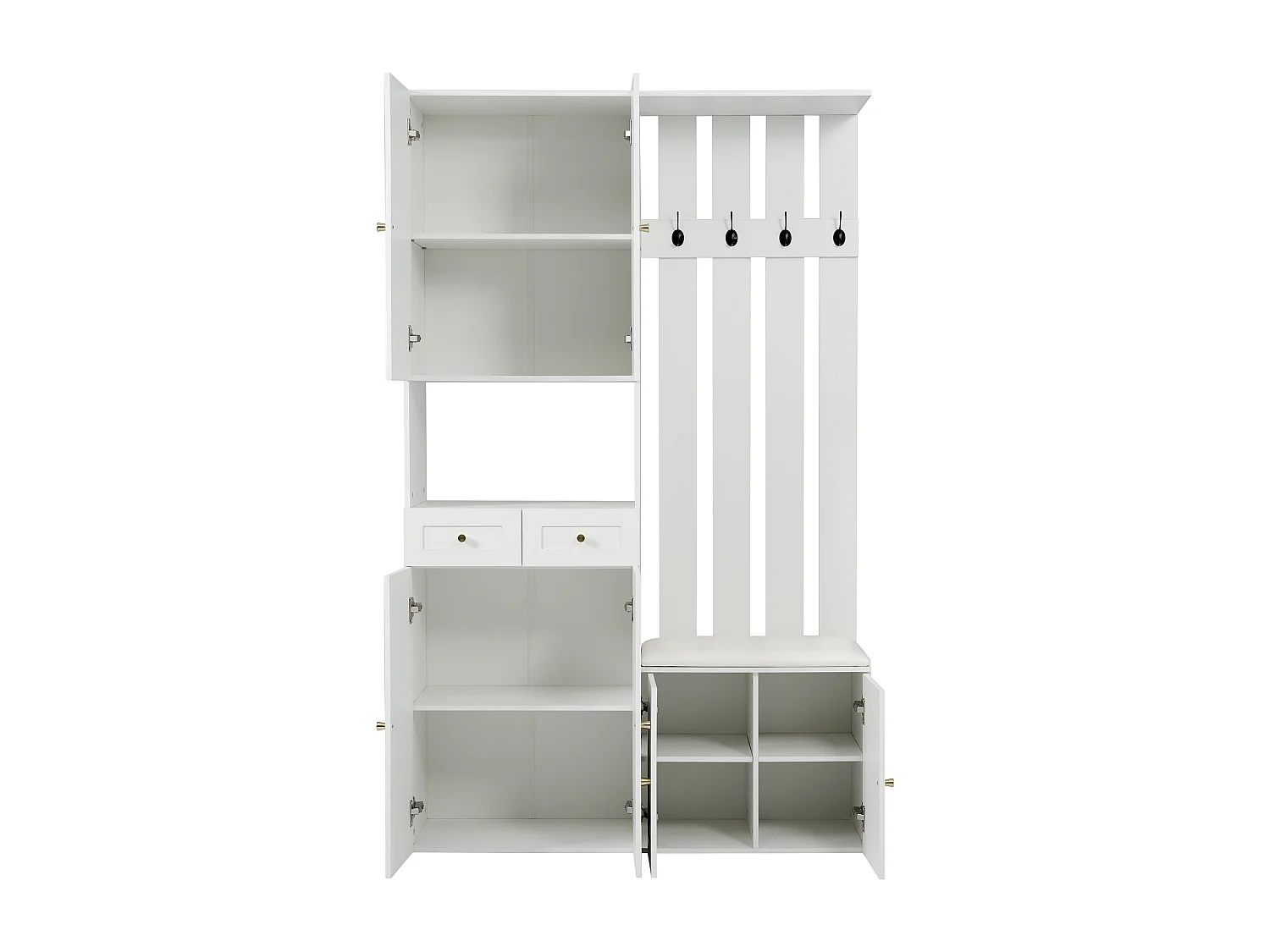 Armario con banco, 4 ganchos, 6 puertas y 2 cajones - Madera PB - Blanco