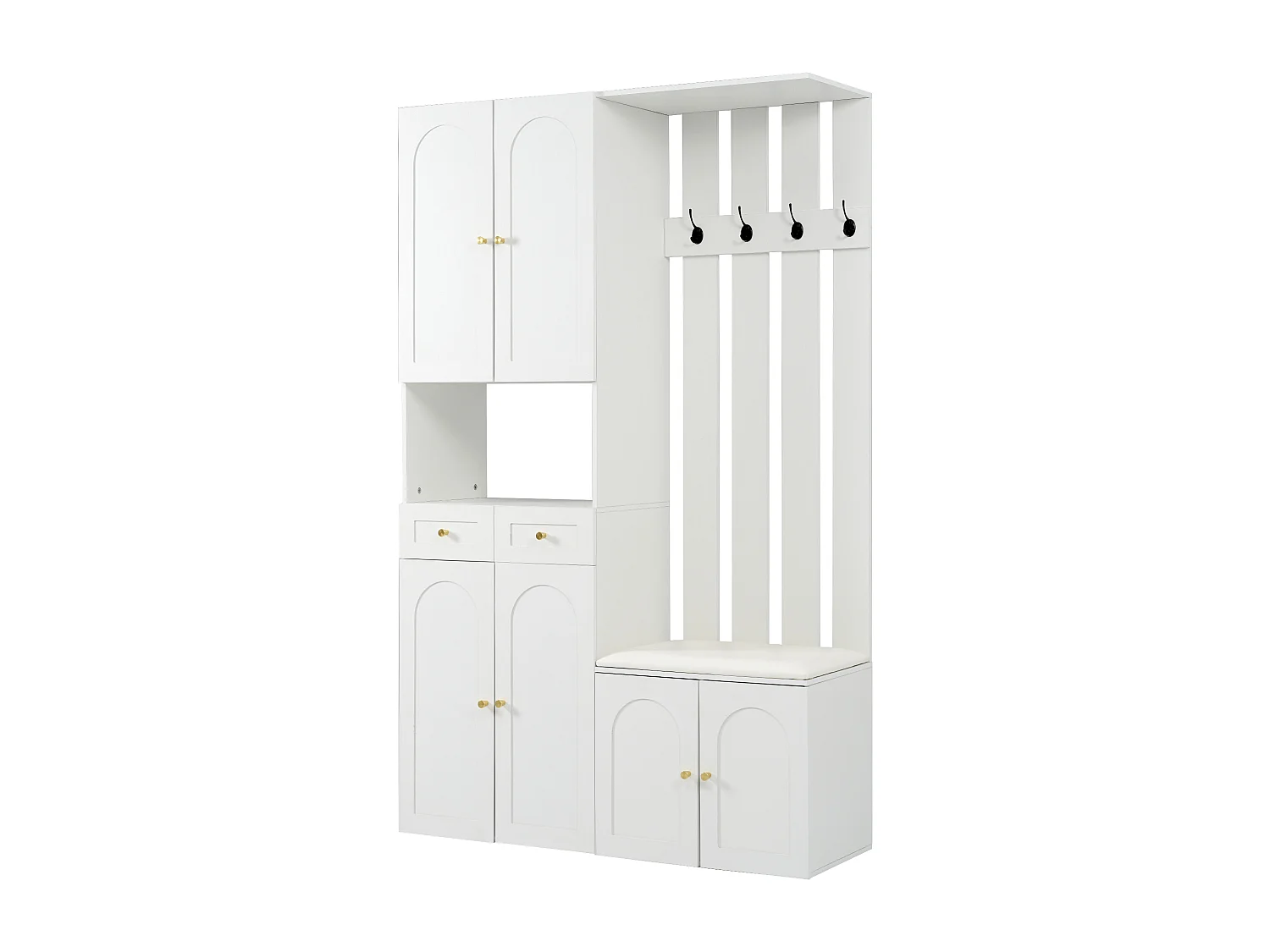 Armario con banco, 4 ganchos, 6 puertas y 2 cajones - Madera PB - Blanco