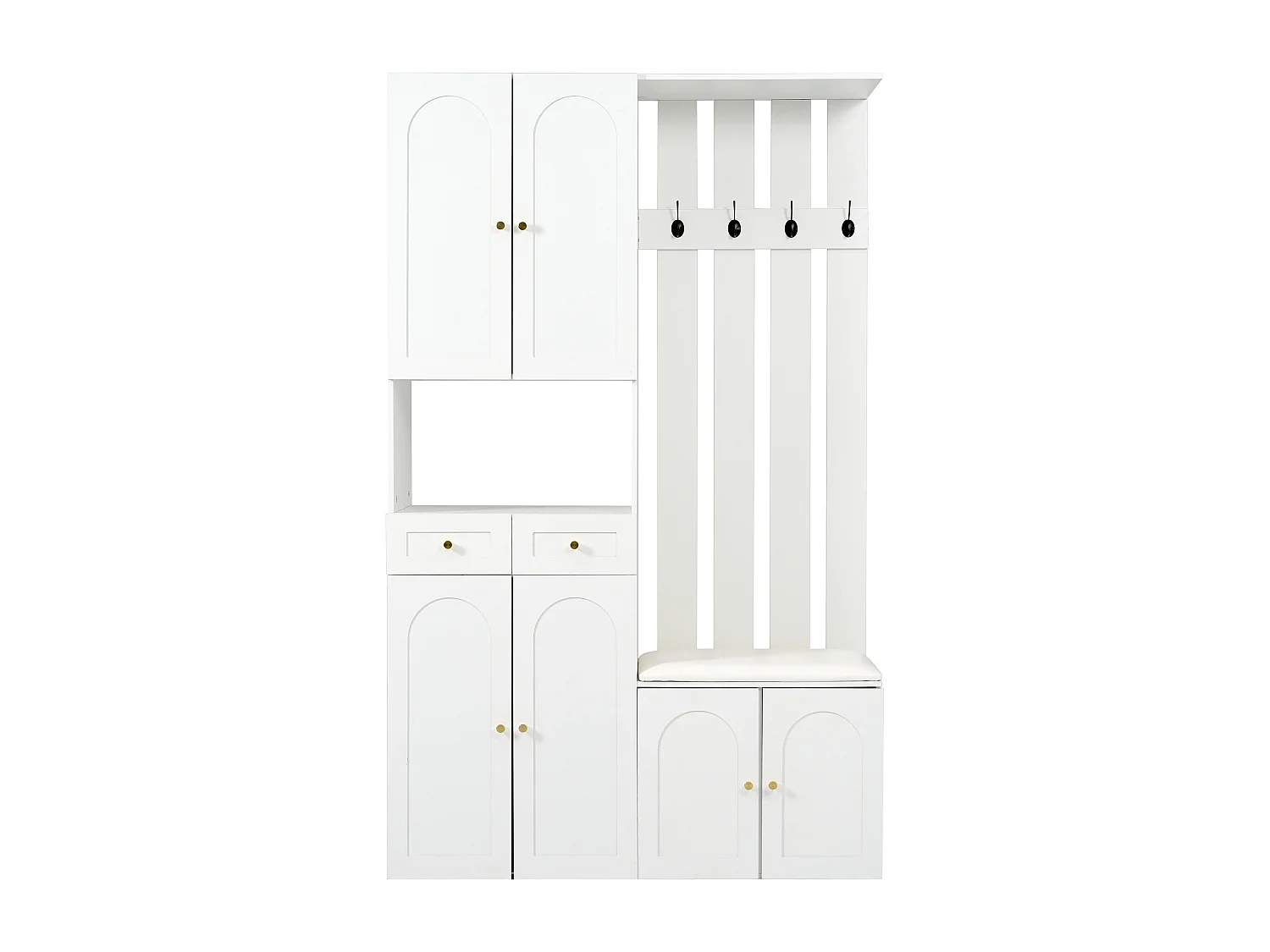 Armario con banco, 4 ganchos, 6 puertas y 2 cajones - Madera PB - Blanco