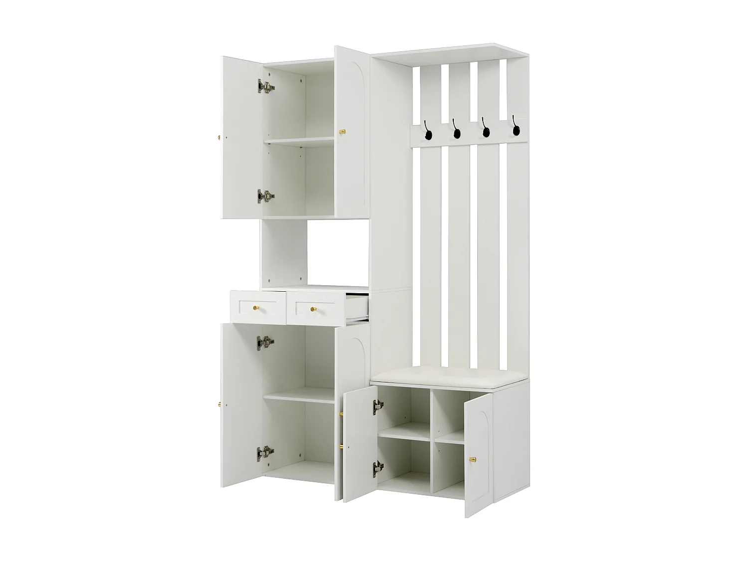 Armario con banco, 4 ganchos, 6 puertas y 2 cajones - Madera PB - Blanco