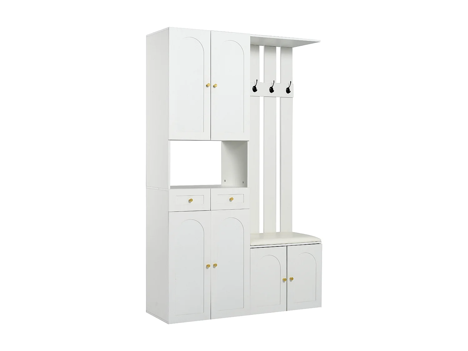 Armario con banco, 4 ganchos, 6 puertas y 2 cajones - Madera PB - Blanco