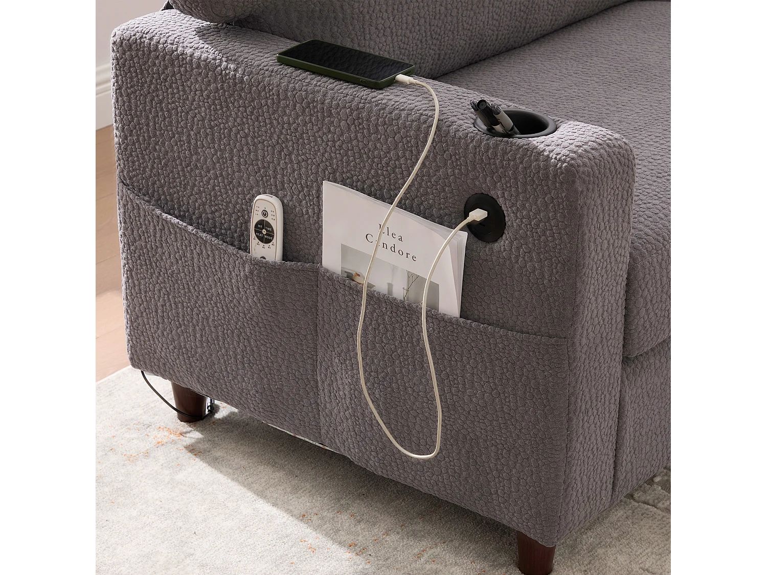 Canapé 2 places avec port USB-C, LED et poches latérales - Tissu chenille - Gris clair