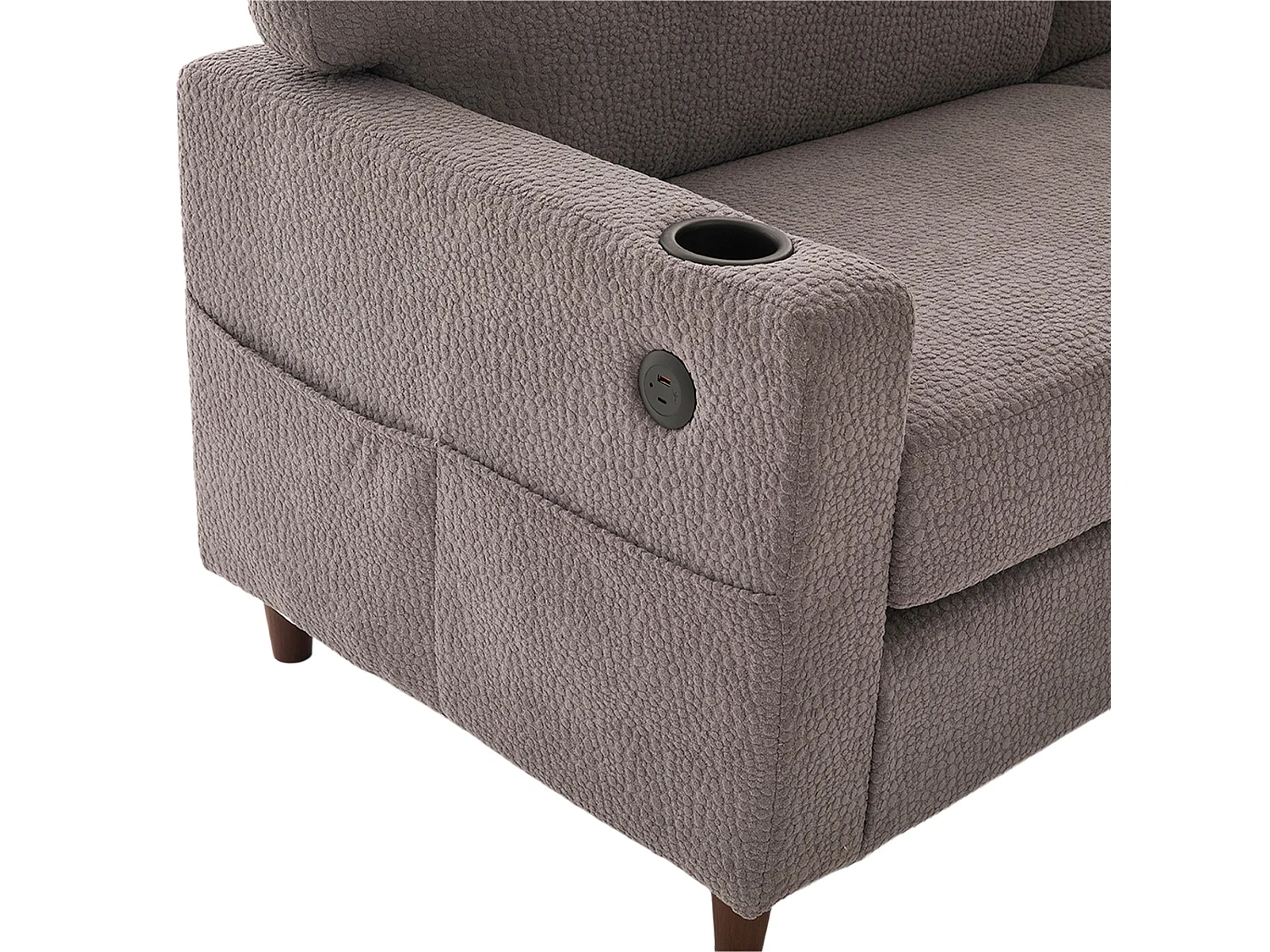 Canapé 2 places avec port USB-C, LED et poches latérales - Tissu chenille - Gris clair