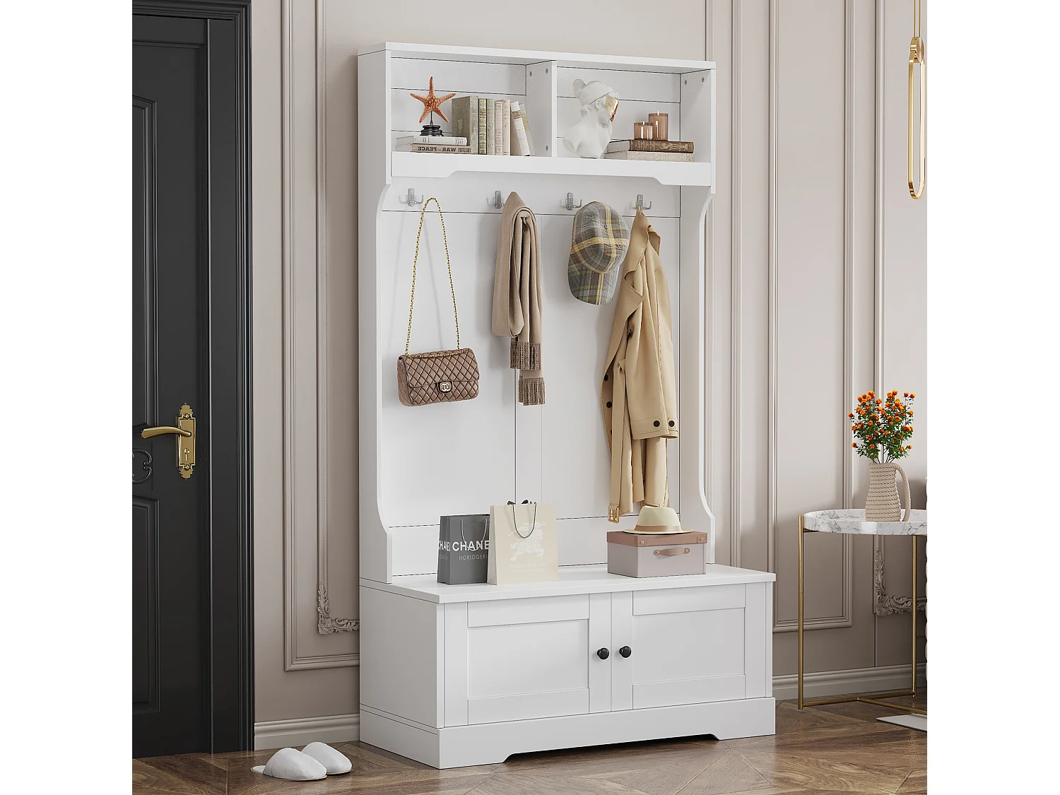 Vestiaire blanc avec 2 portes et 4 crochets, panneaux de particules, style minimaliste