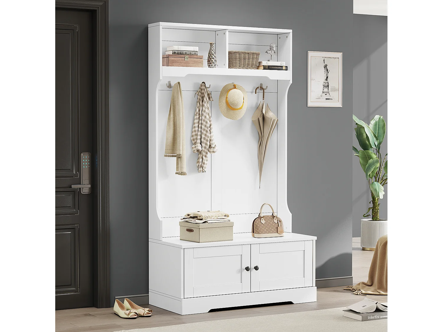 Vestiaire blanc avec 2 portes et 4 crochets, panneaux de particules, style minimaliste