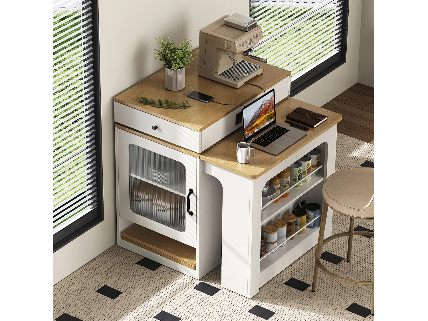 Isla de cocina con ruedas, enchufes, puerta y dos cajones; mesa extensible; blanca y natural.