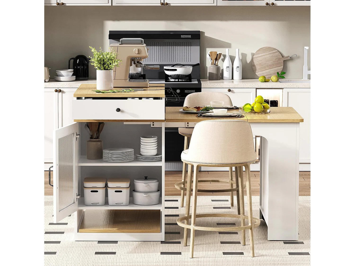 Isla de cocina con ruedas, enchufes, puerta y dos cajones; mesa extensible; blanca y natural.