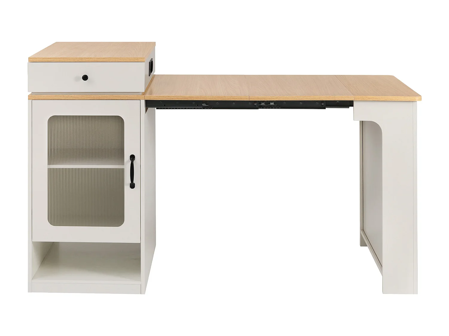 Isla de cocina con ruedas, enchufes, puerta y dos cajones; mesa extensible; blanca y natural.