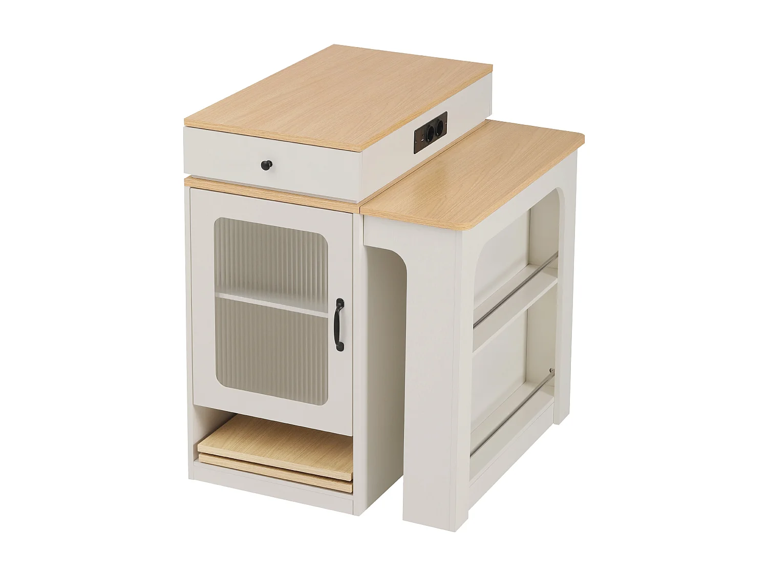 Isla de cocina con ruedas, enchufes, puerta y dos cajones; mesa extensible; blanca y natural.