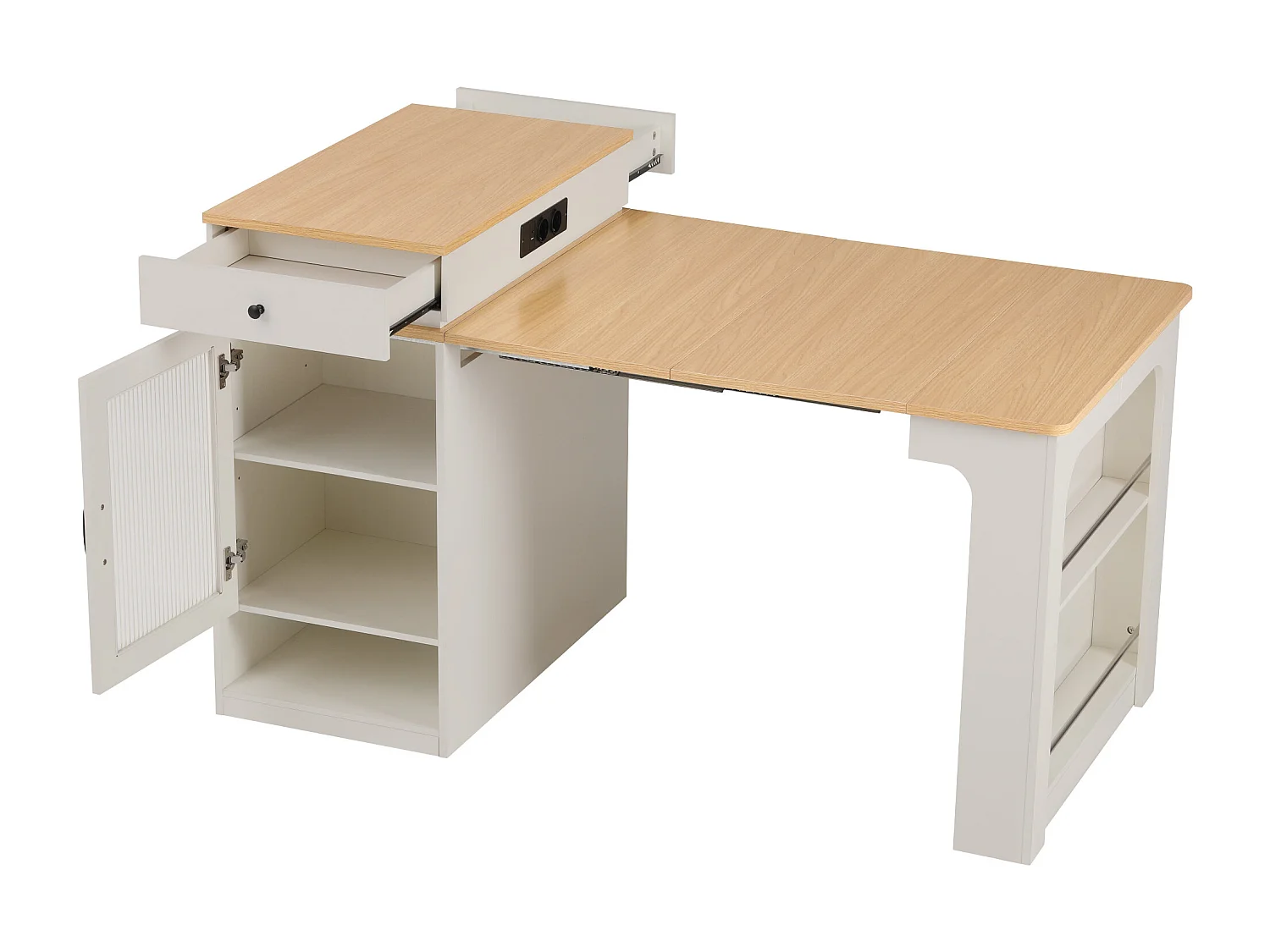 Isla de cocina con ruedas, enchufes, puerta y dos cajones; mesa extensible; blanca y natural.