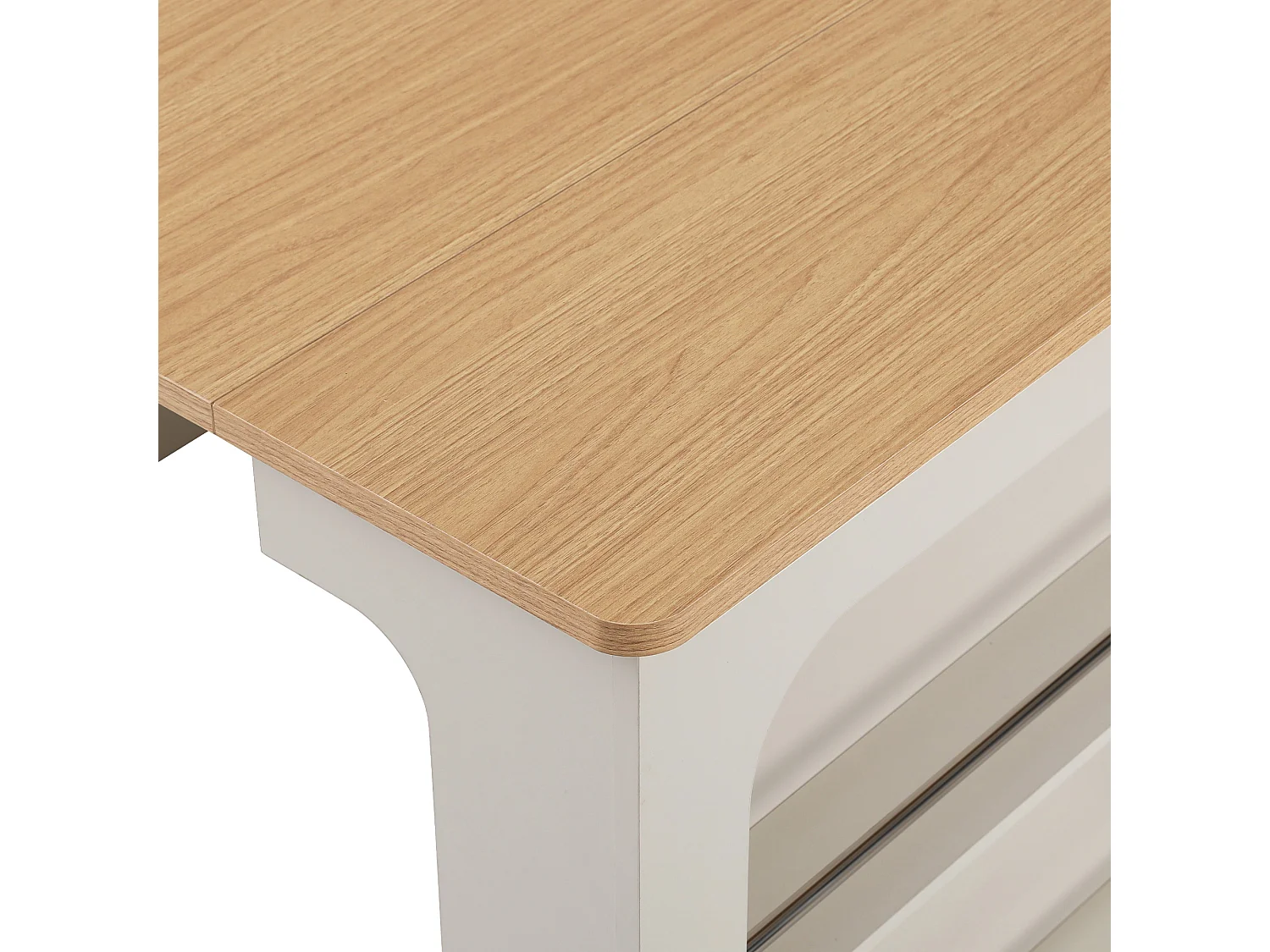 Isla de cocina con ruedas, enchufes, puerta y dos cajones; mesa extensible; blanca y natural.