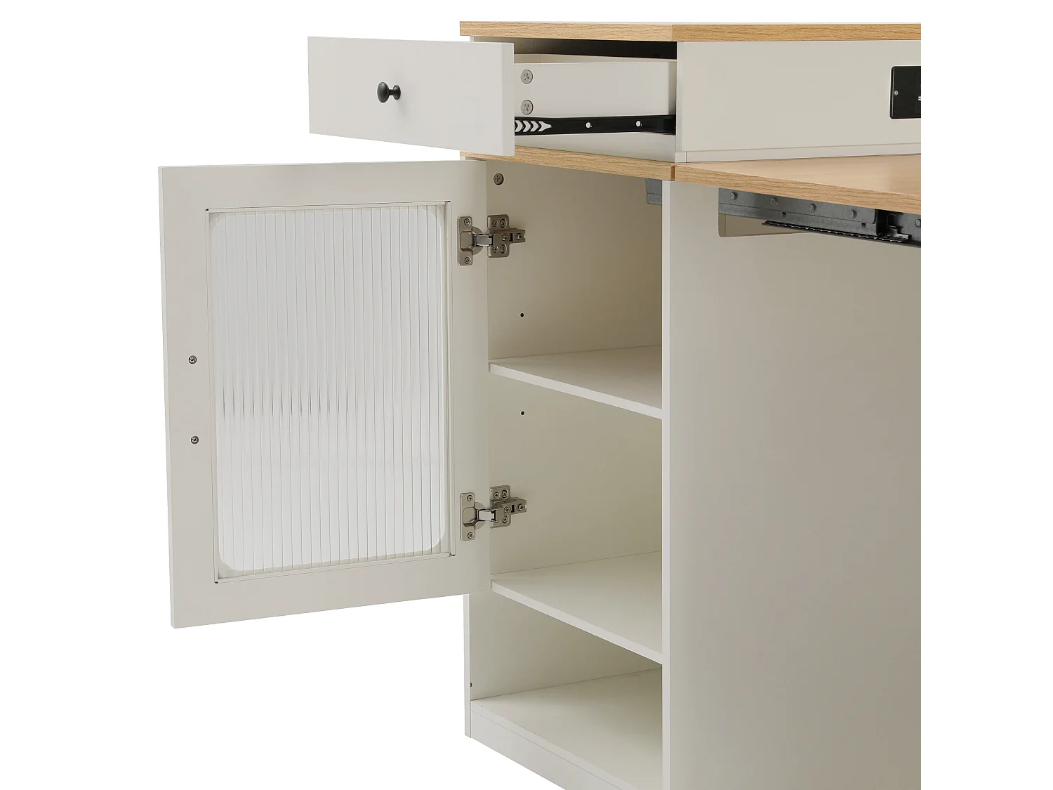 Isla de cocina con ruedas, enchufes, puerta y dos cajones; mesa extensible; blanca y natural.