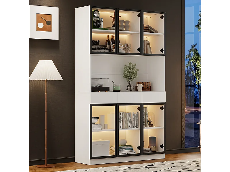 Vitrine avec LEDs, 3 tiroirs et 6 portes vitrées - Blanc et noir