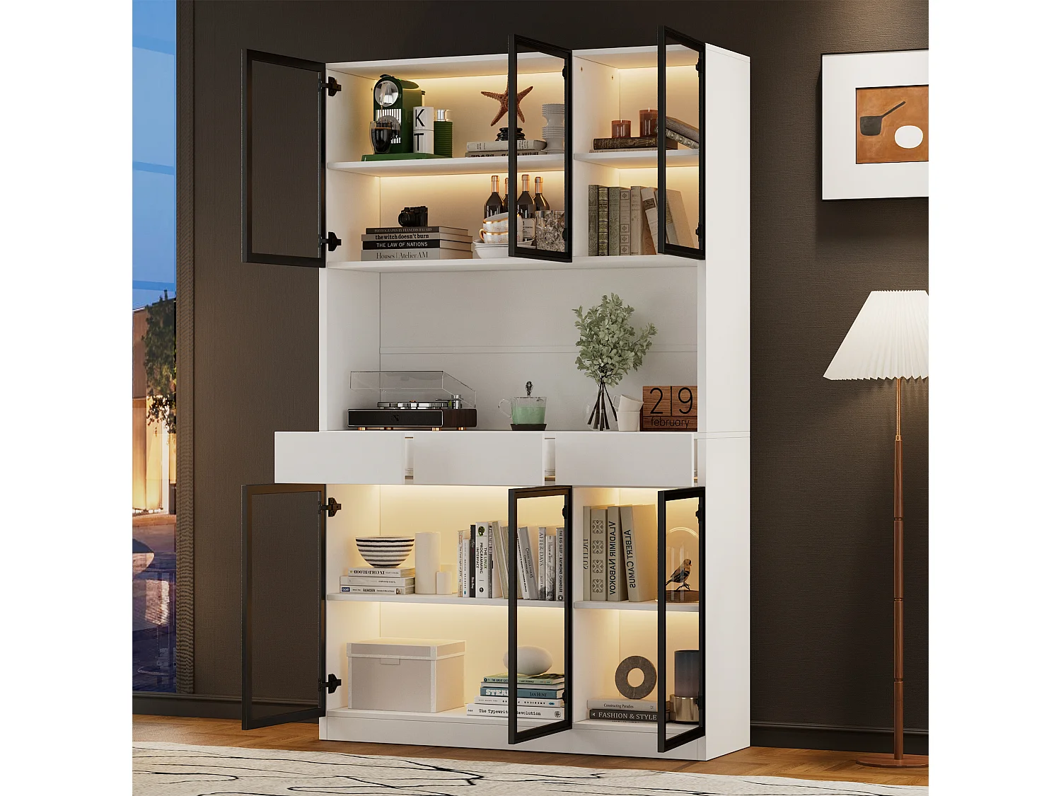 Vitrine avec LEDs, 3 tiroirs et 6 portes vitrées - Blanc et noir