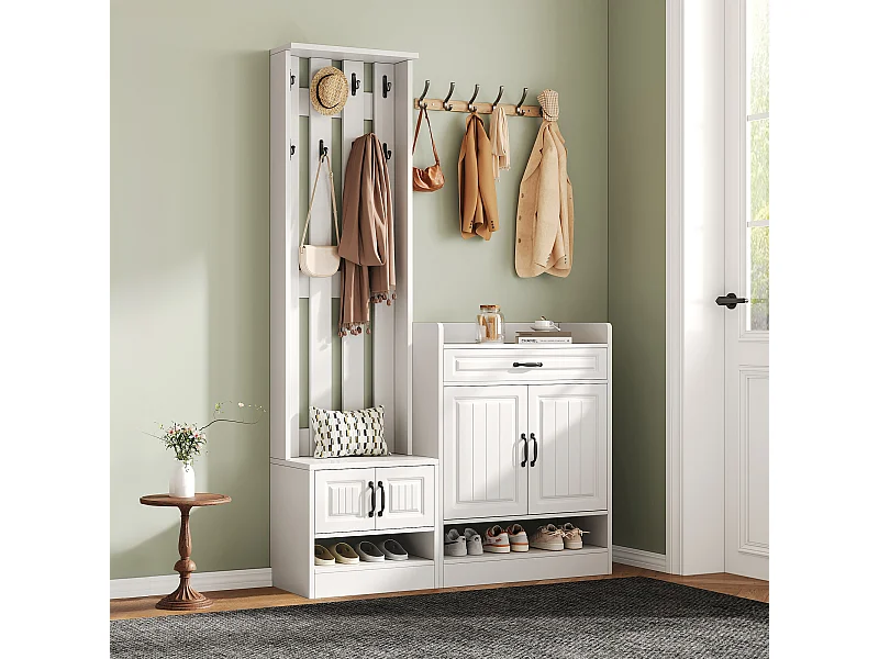 Ensemble d'entrée avec meuble à chaussures et vestiaire - 4 portes et tiroir - Bois PB - Blanc