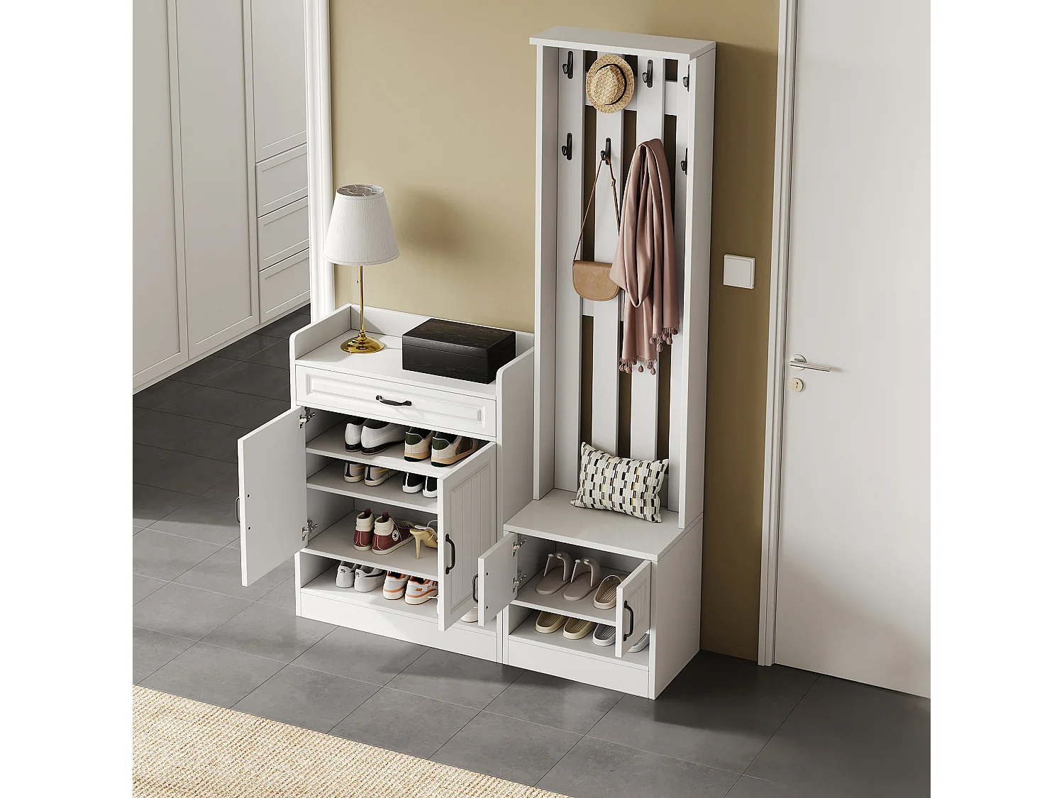 Conjunto de entrada con zapatero y perchero - 4 puertas y cajón - Madera PB - Blanco