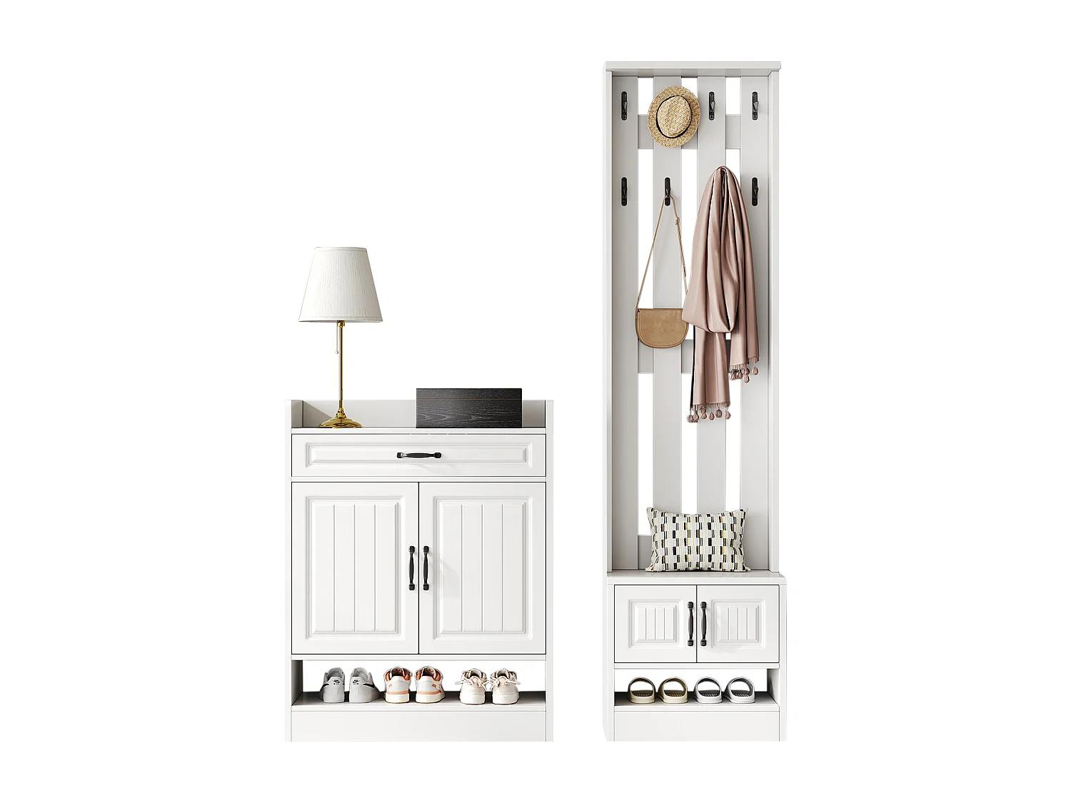 Conjunto de entrada con zapatero y perchero - 4 puertas y cajón - Madera PB - Blanco