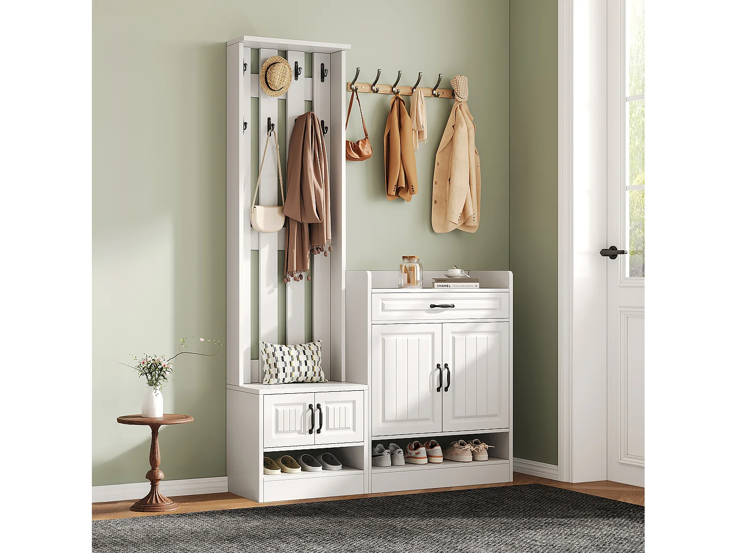 Conjunto para hall de entrada com sapateira e bengaleiro - 4 portas e gaveta - Madeira PB - Branco
