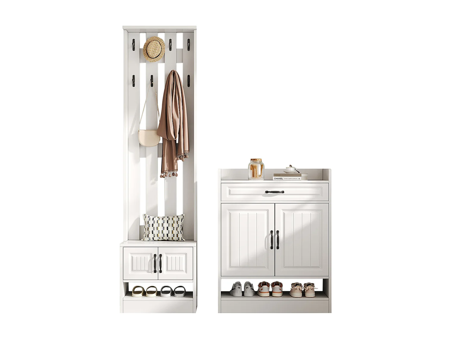 Conjunto para hall de entrada com sapateira e bengaleiro - 4 portas e gaveta - Madeira PB - Branco