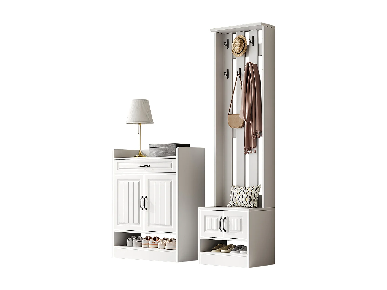 Conjunto para hall de entrada com sapateira e bengaleiro - 4 portas e gaveta - Madeira PB - Branco