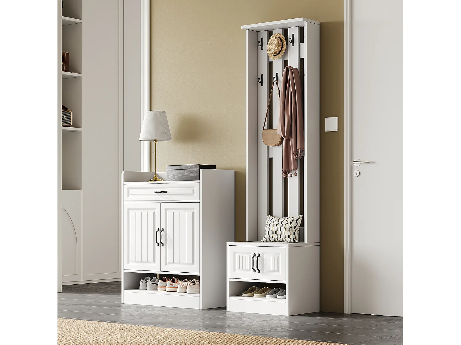 Conjunto para hall de entrada com sapateira e bengaleiro - 4 portas e gaveta - Madeira PB - Branco