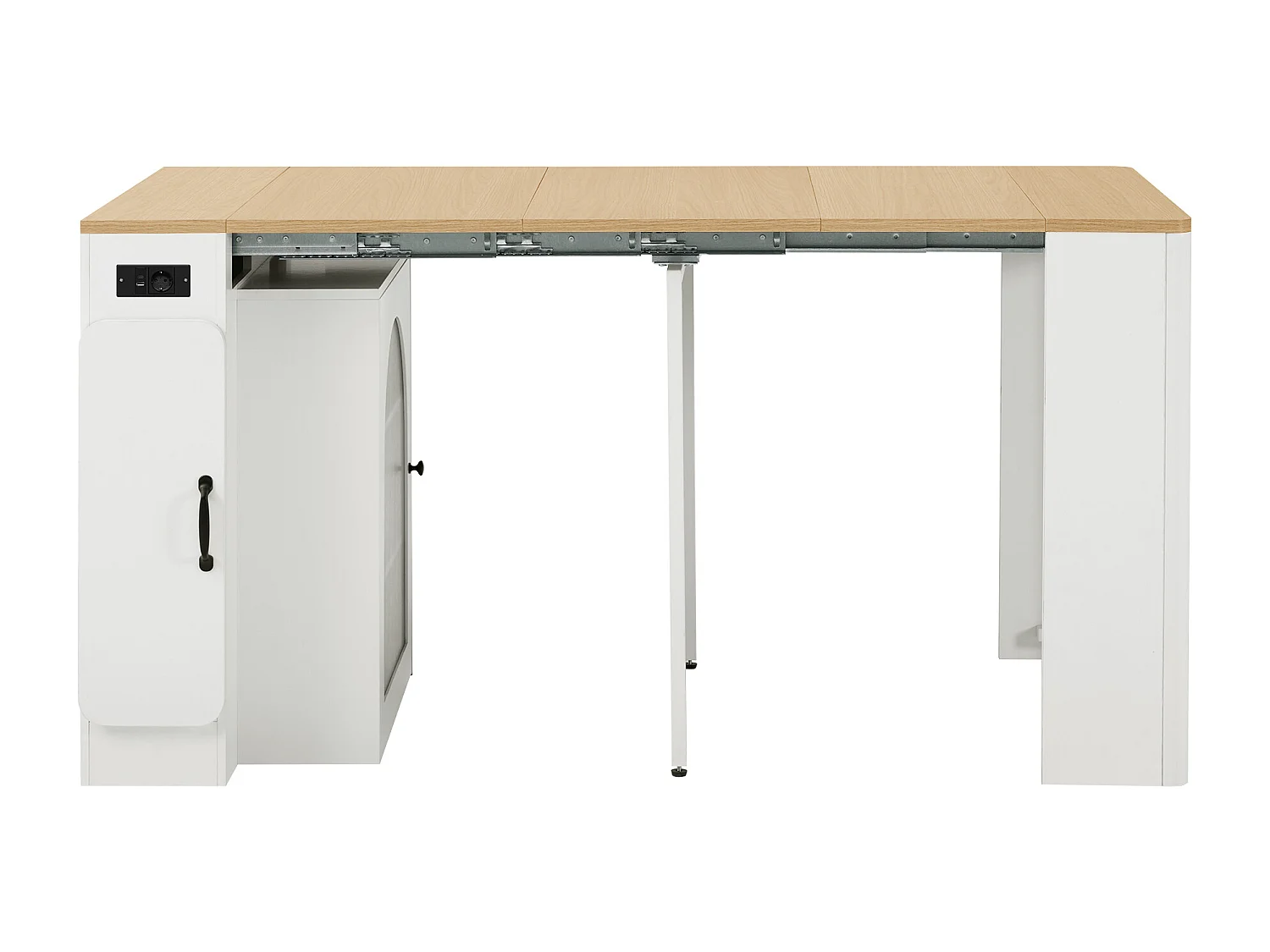 Îlot central de cuisine sur roulettes, prises , LED et 3 portes -plateau amovible- Blanc et naturel