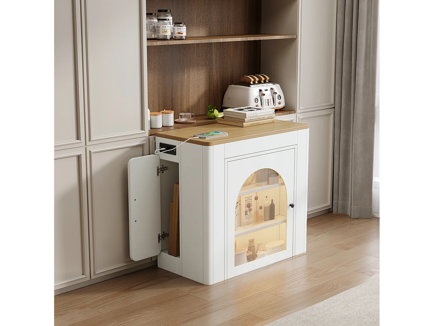 Îlot central de cuisine sur roulettes, prises , LED et 3 portes -plateau amovible- Blanc et naturel