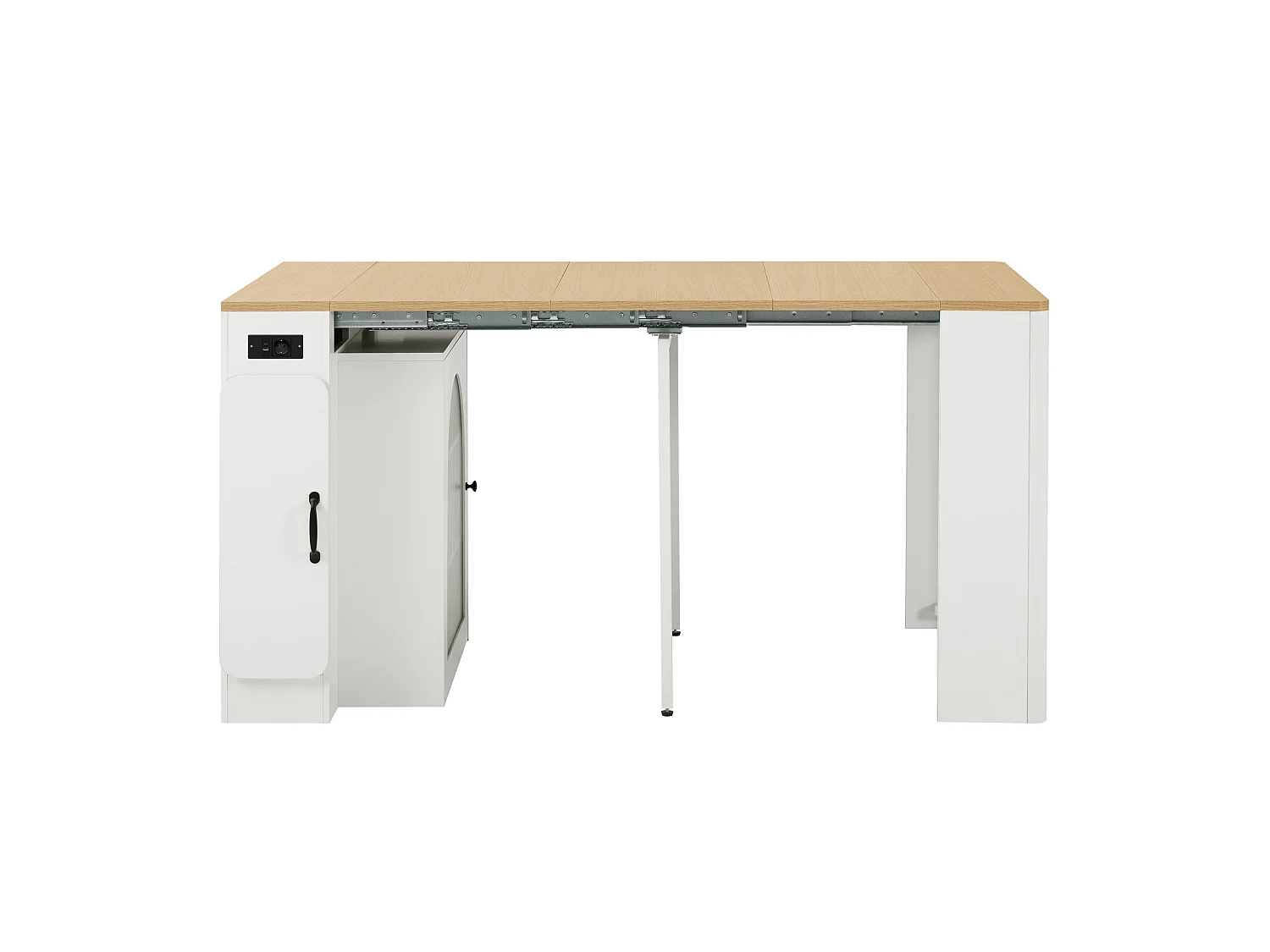 Îlot central de cuisine sur roulettes, prises , LED et 3 portes -plateau amovible- Blanc et naturel
