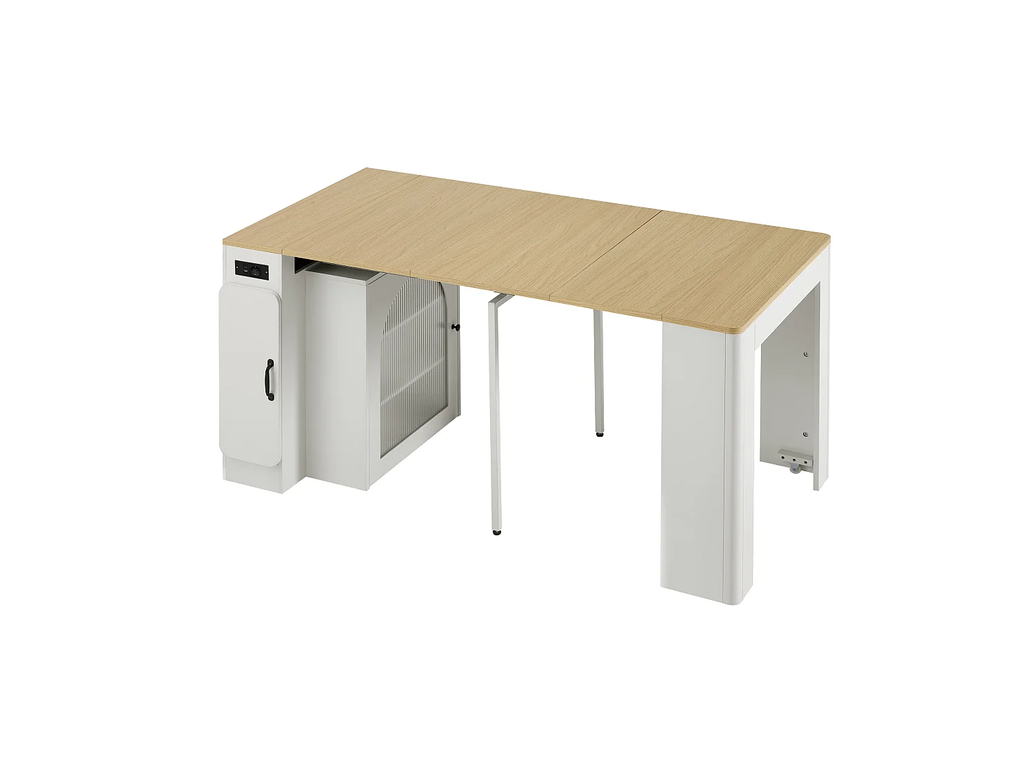 Îlot central de cuisine sur roulettes, prises , LED et 3 portes -plateau amovible- Blanc et naturel