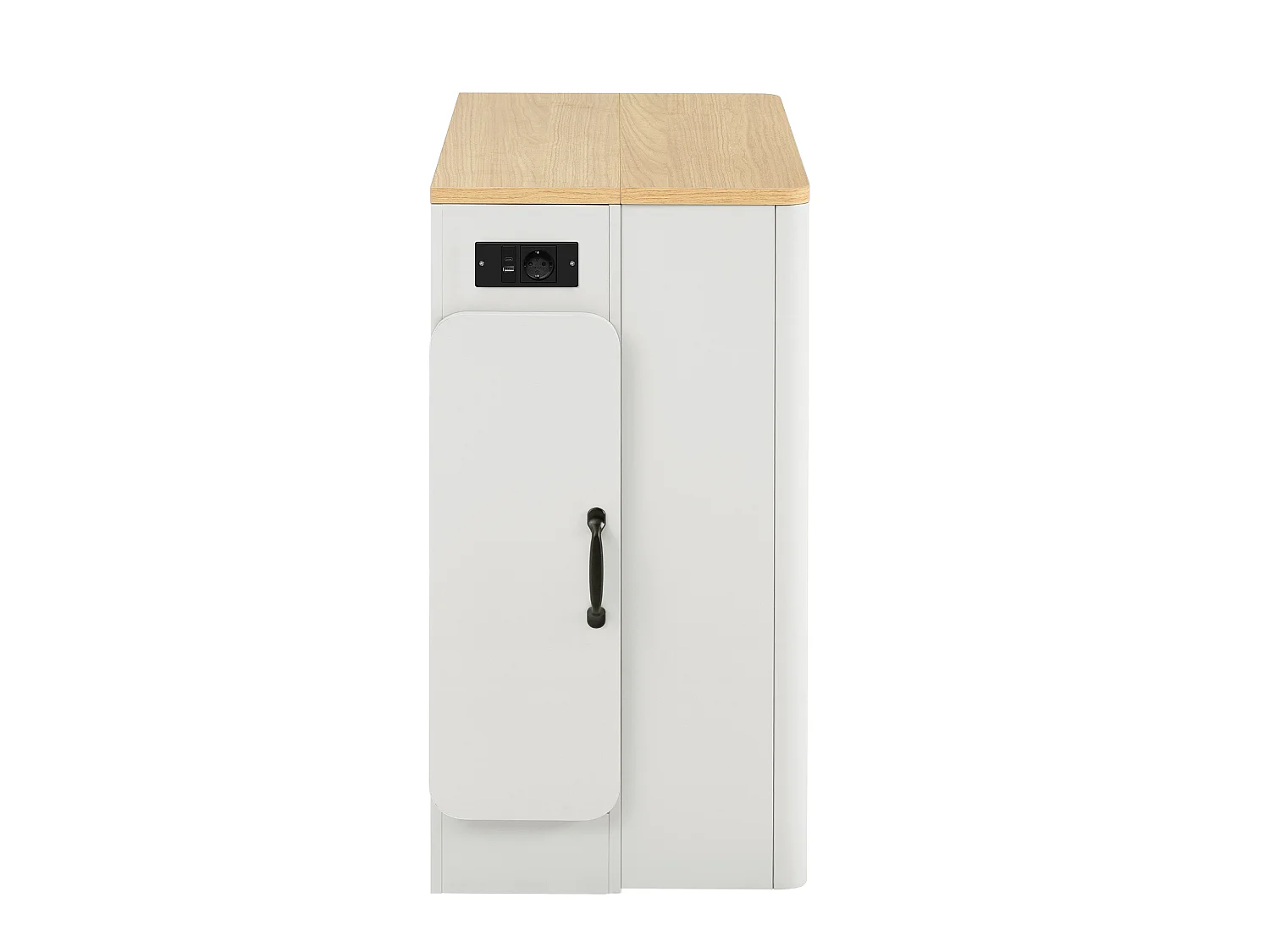 Îlot central de cuisine sur roulettes, prises , LED et 3 portes -plateau amovible- Blanc et naturel