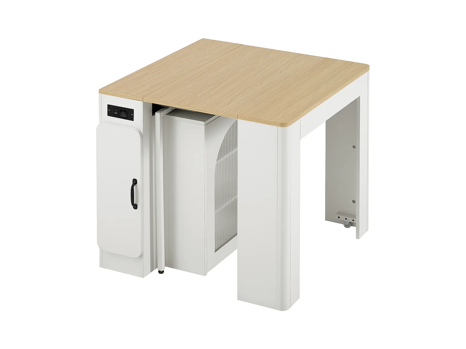 Îlot central de cuisine sur roulettes, prises , LED et 3 portes -plateau amovible- Blanc et naturel