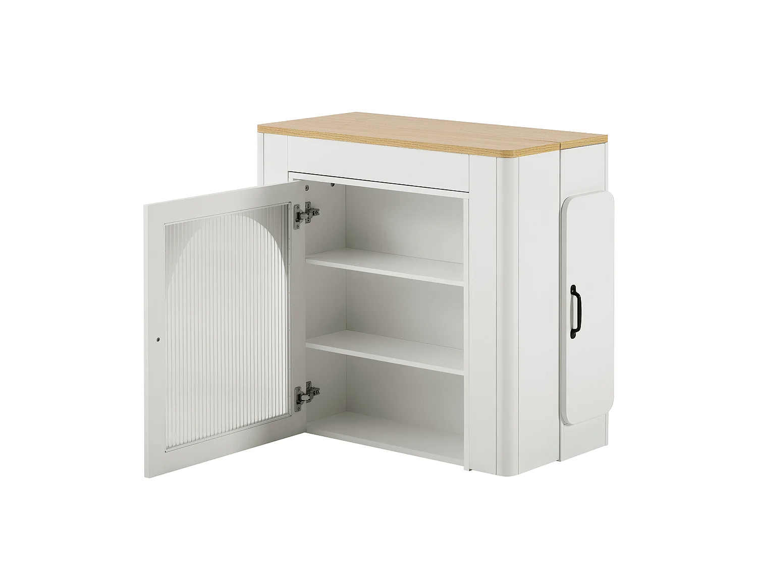 Îlot central de cuisine sur roulettes, prises , LED et 3 portes -plateau amovible- Blanc et naturel