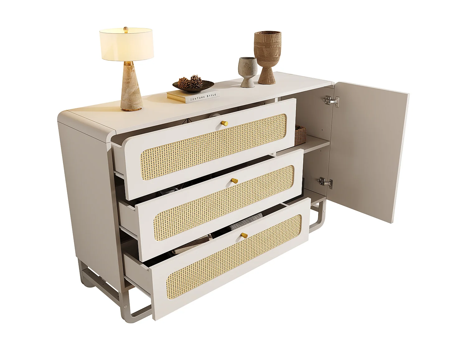 Commode avec 3 tiroirs et 1 porte ,rotin, blanc