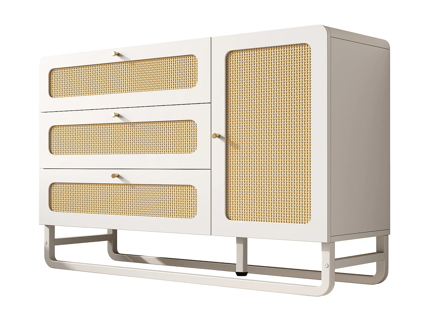 Commode avec 3 tiroirs et 1 porte ,rotin, blanc