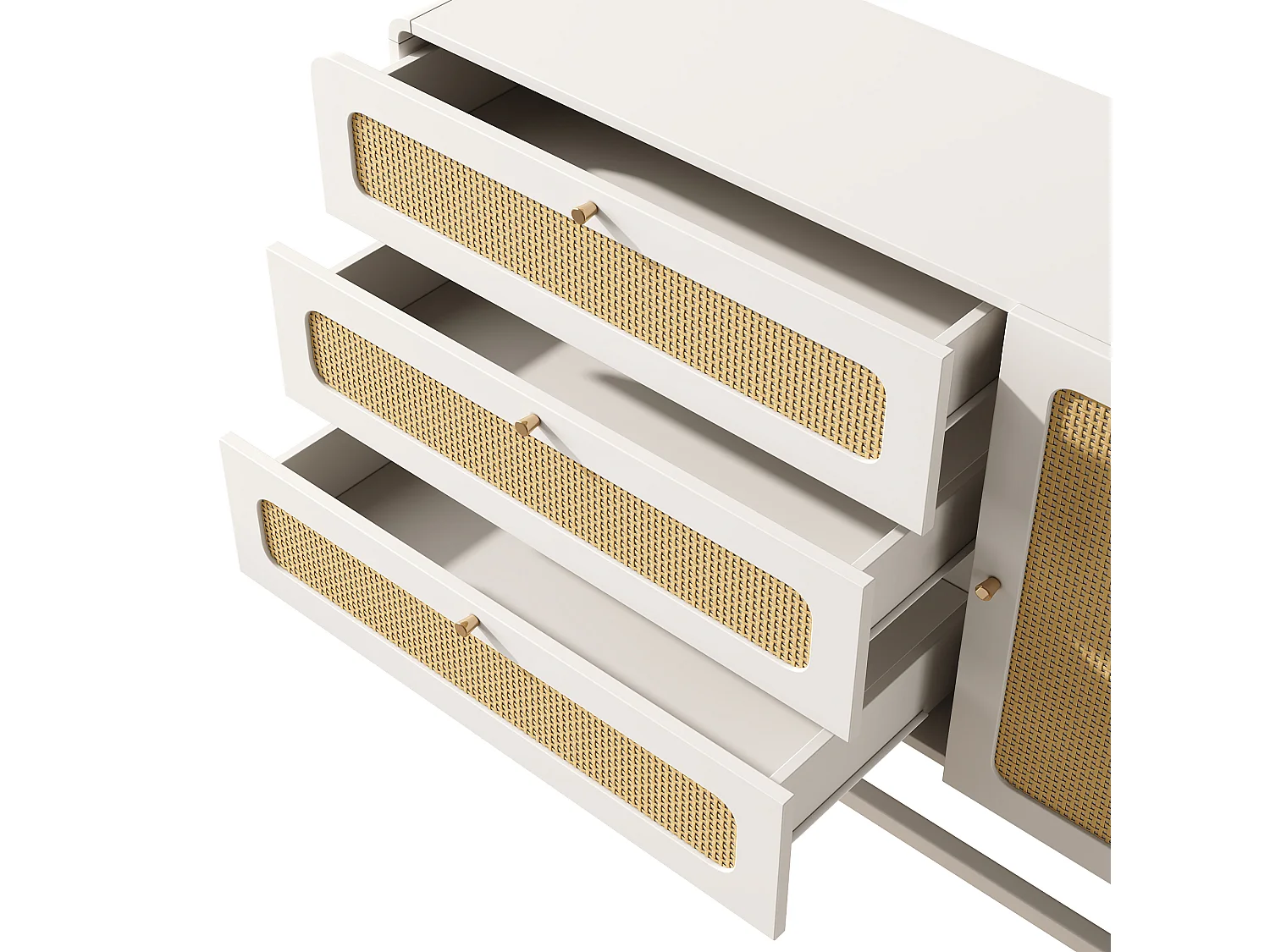 Commode avec 3 tiroirs et 1 porte ,rotin, blanc