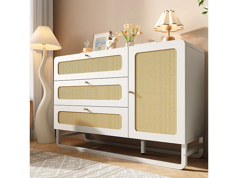 Commode avec 3 tiroirs et 1 porte ,rotin, blanc