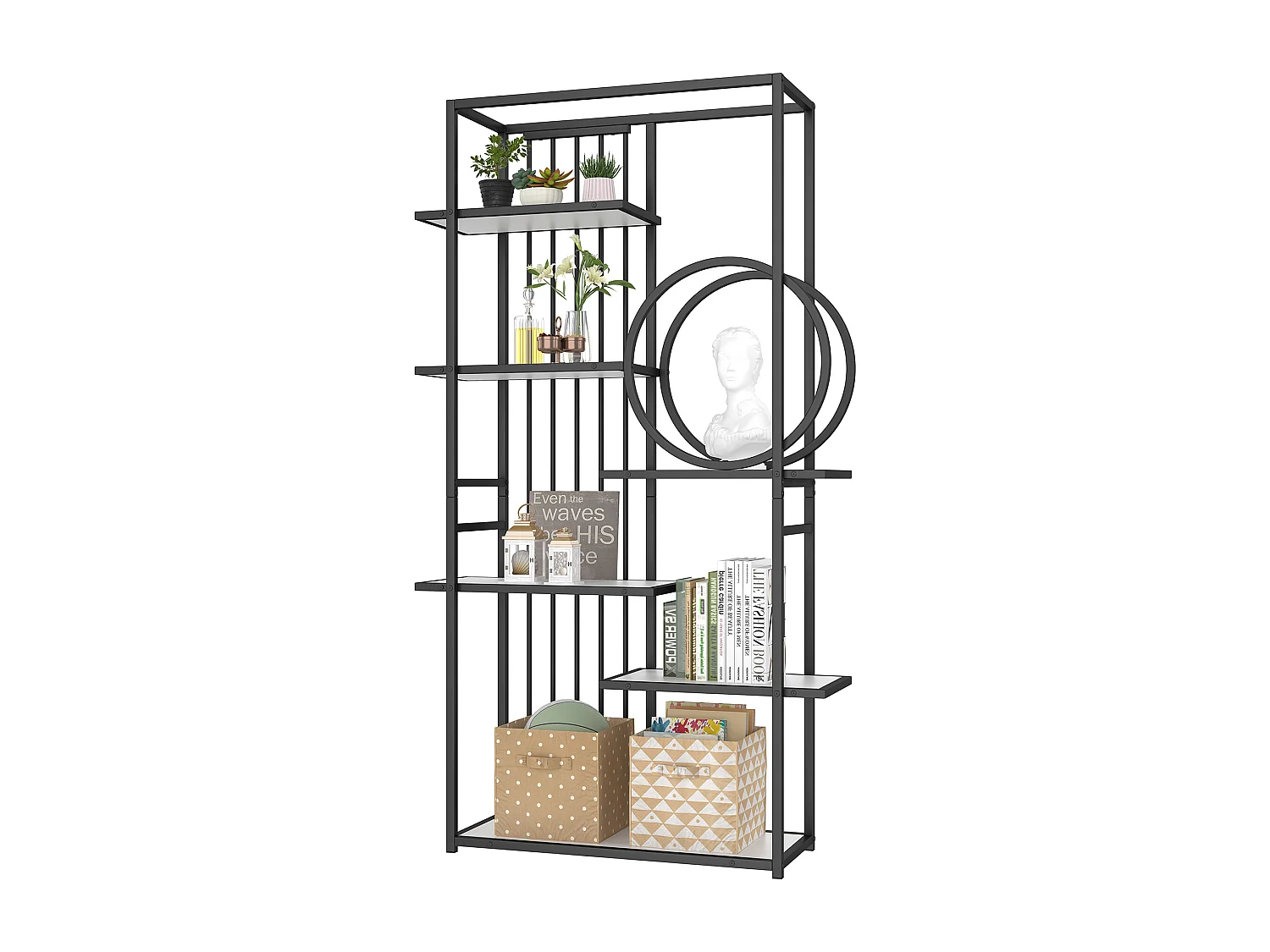 Etagère en métal et bois MDF - 6 tablettes - Noir et blanc